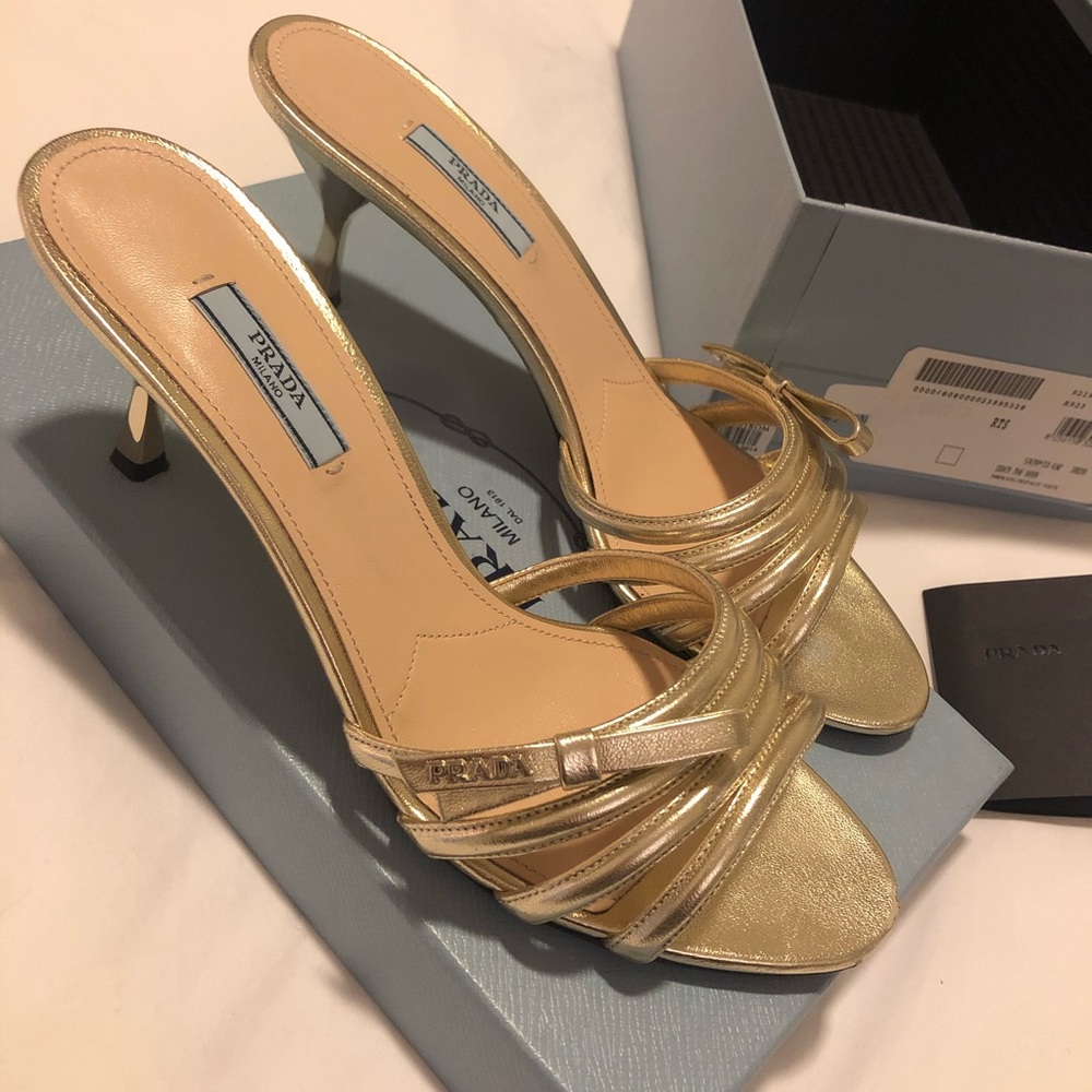 Prada Heeled Sandals with Bow in Metallic Gold